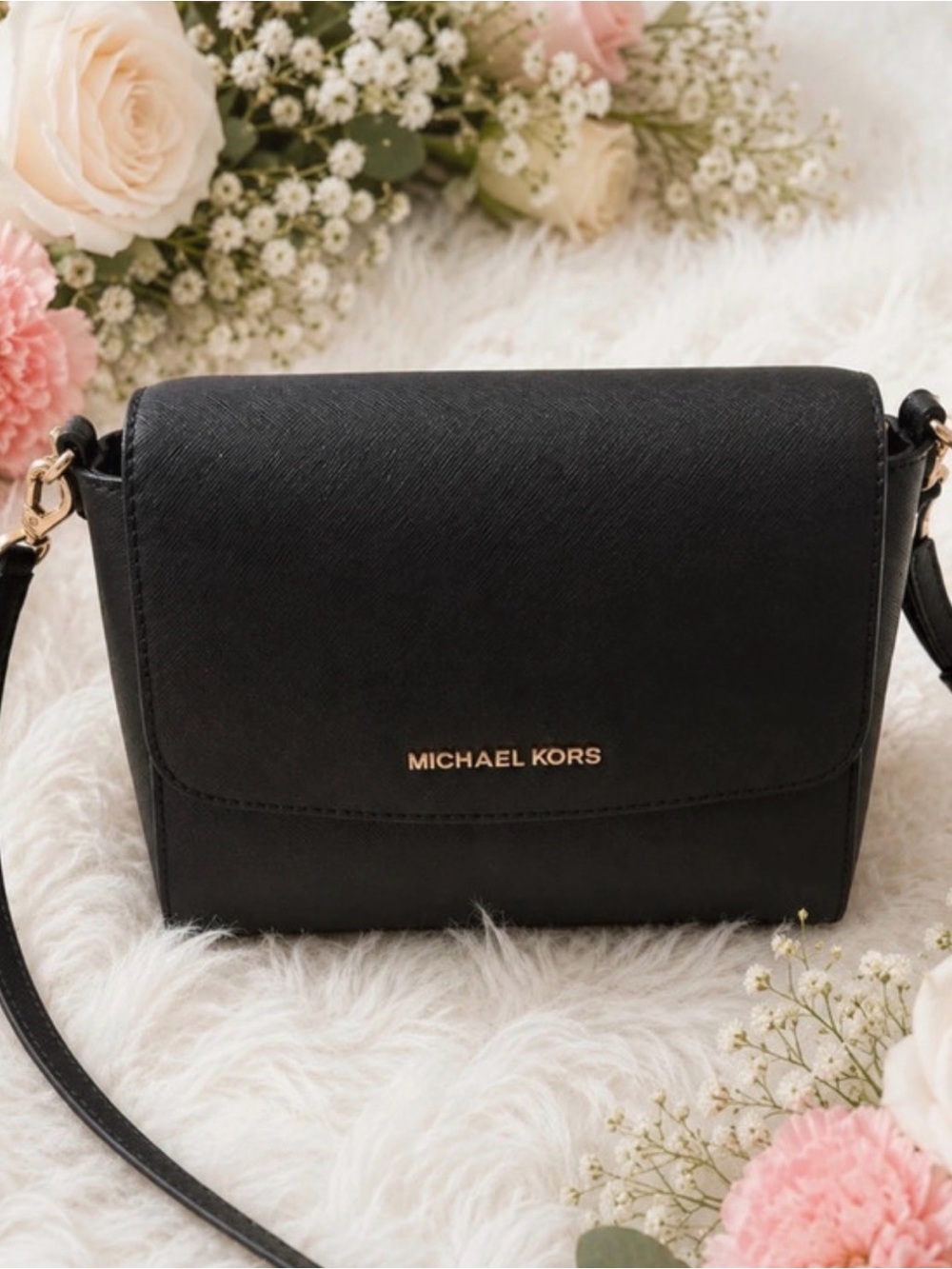 MICHAEL KORS Black Saffiano Leather Crossbody with Gold Hardware